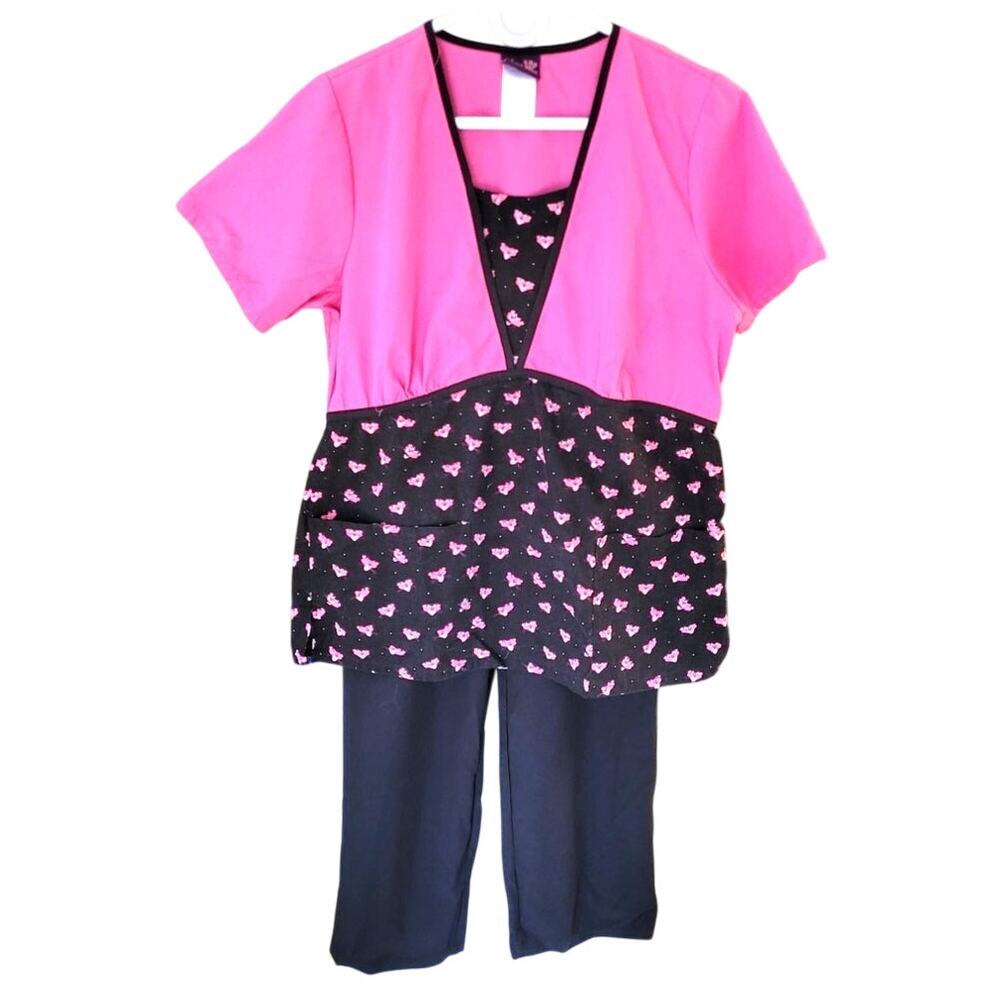 Womens Scrubs Set S Pink Panther Top Black Panda Med Pants Bottoms Nurse Medical
